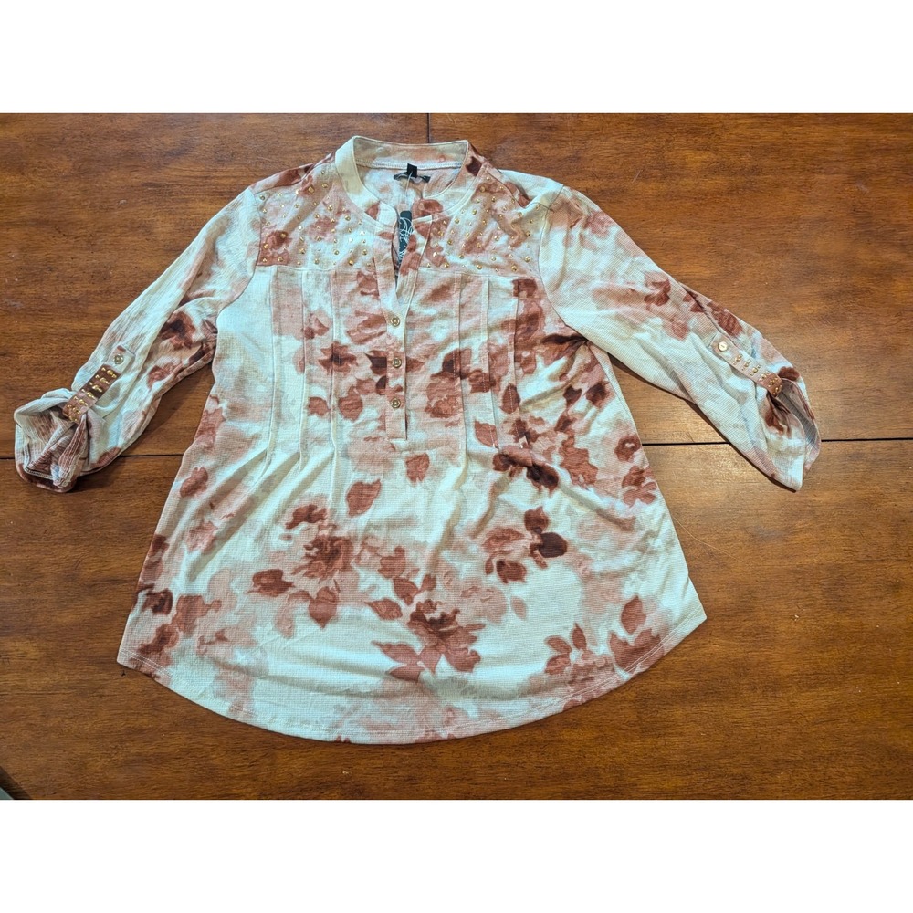 Ava & Grace Women Peach Floral Gold Studs V-Neck Button-Up 3/4 Blouse Small NEW